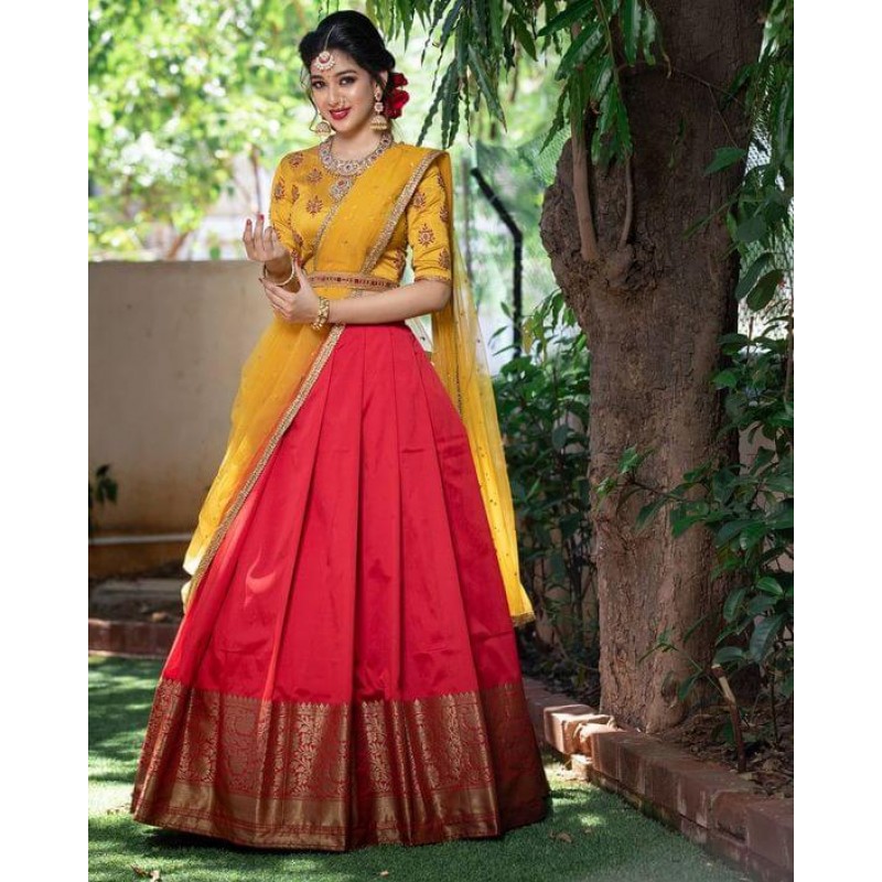 red yellow combination lehenga